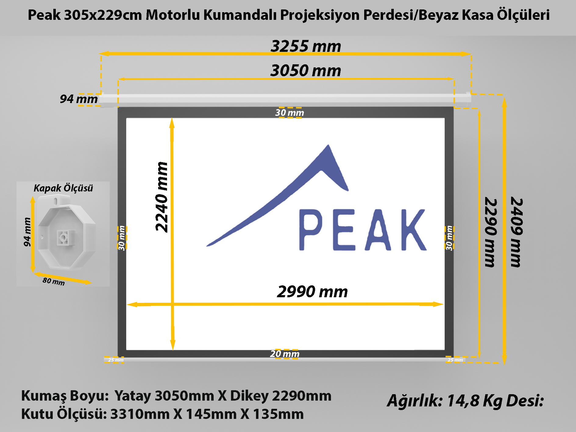 Peak M150 305×229 cm Motorlu Kumandalı Projeksiyon Perdesi-Beyaz Kasa teknik ölçü çizimi