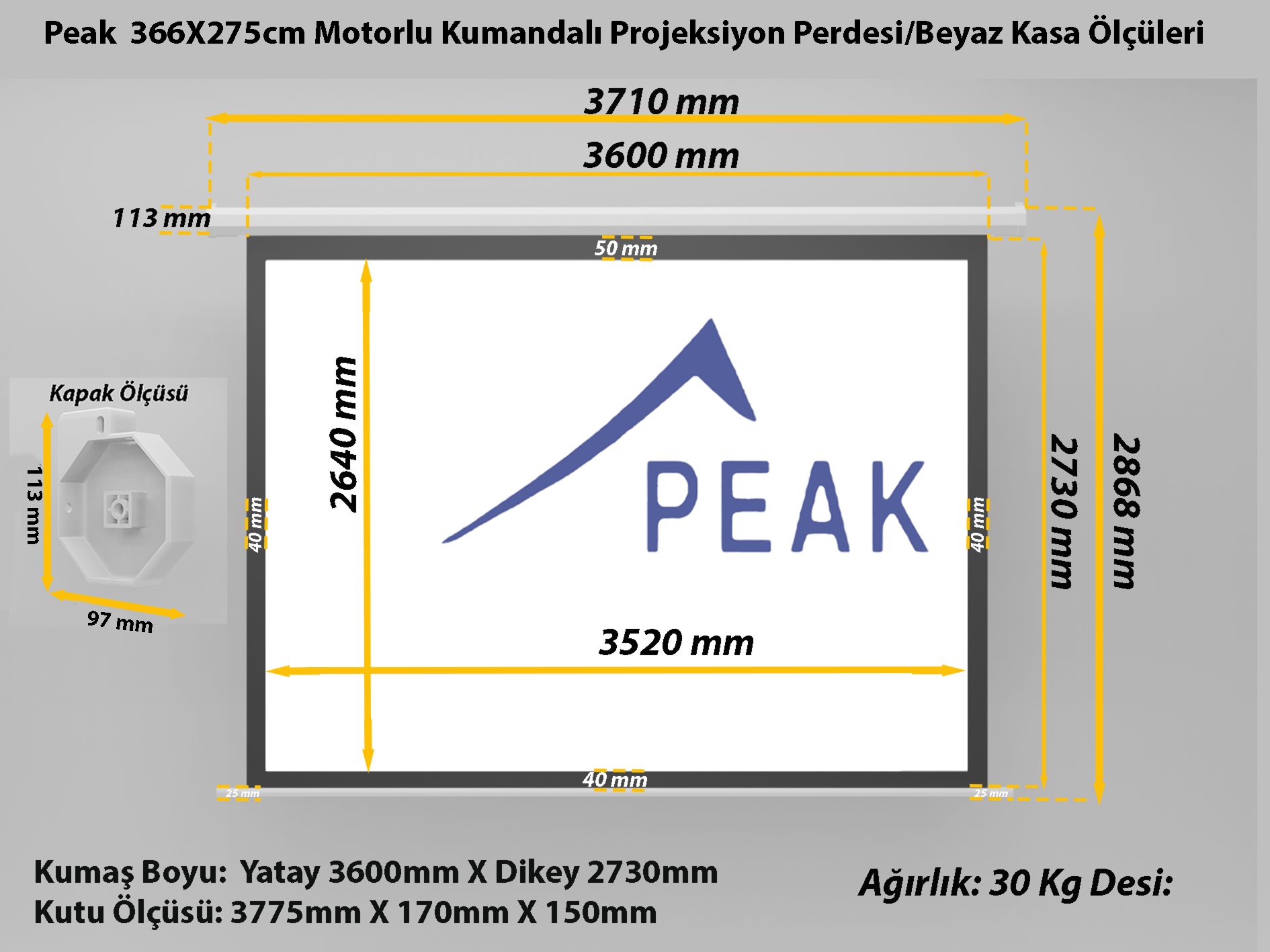 Peak M180 366×274 cm Motorlu Kumandalı Projeksiyon Perdesi-Beyaz Kasa teknik ölçü çizimi