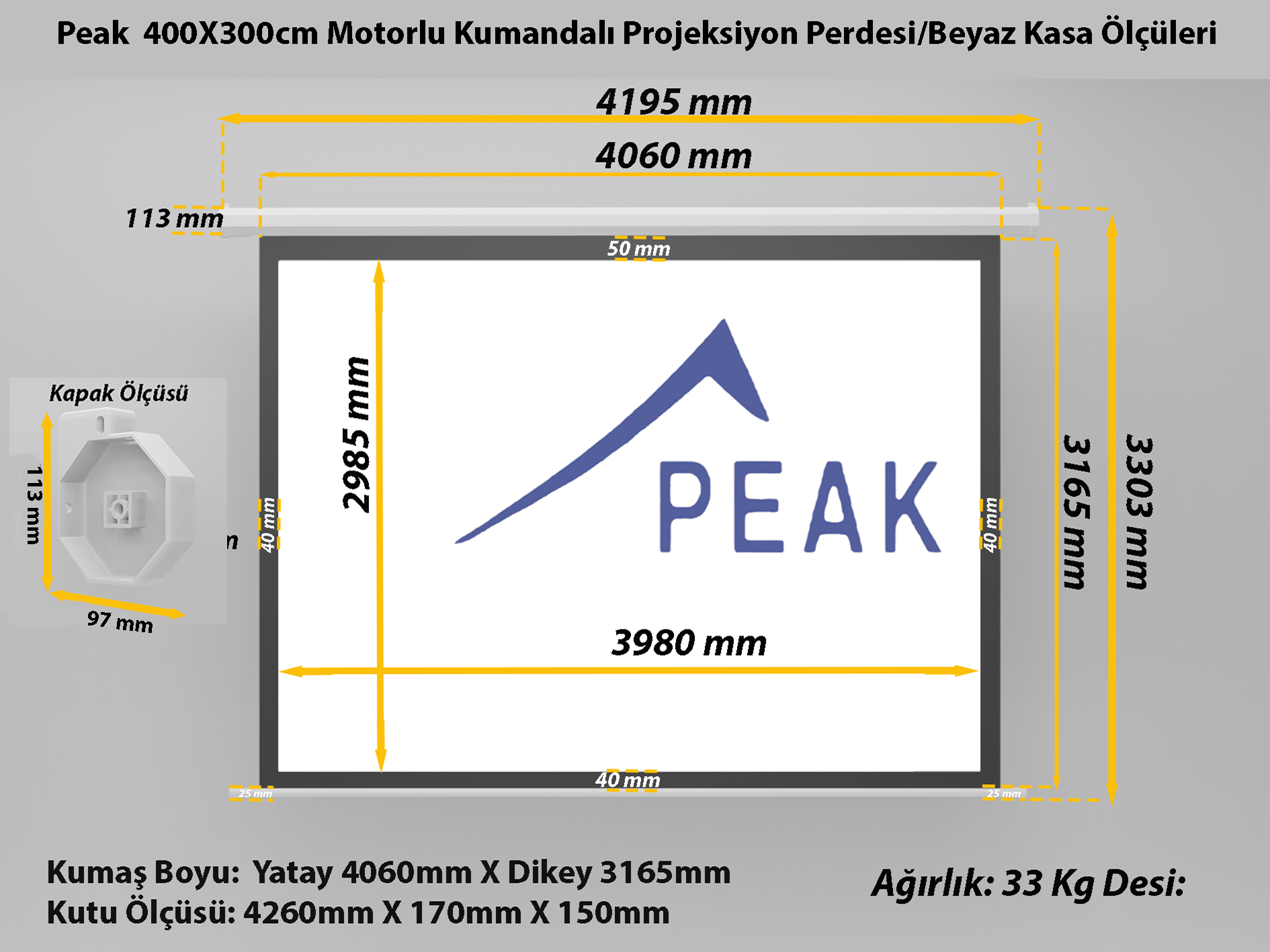 Peak M200 400×300 cm Motorlu Kumandalı Projeksiyon Perdesi-Beyaz Kasa teknik ölçü çizimi