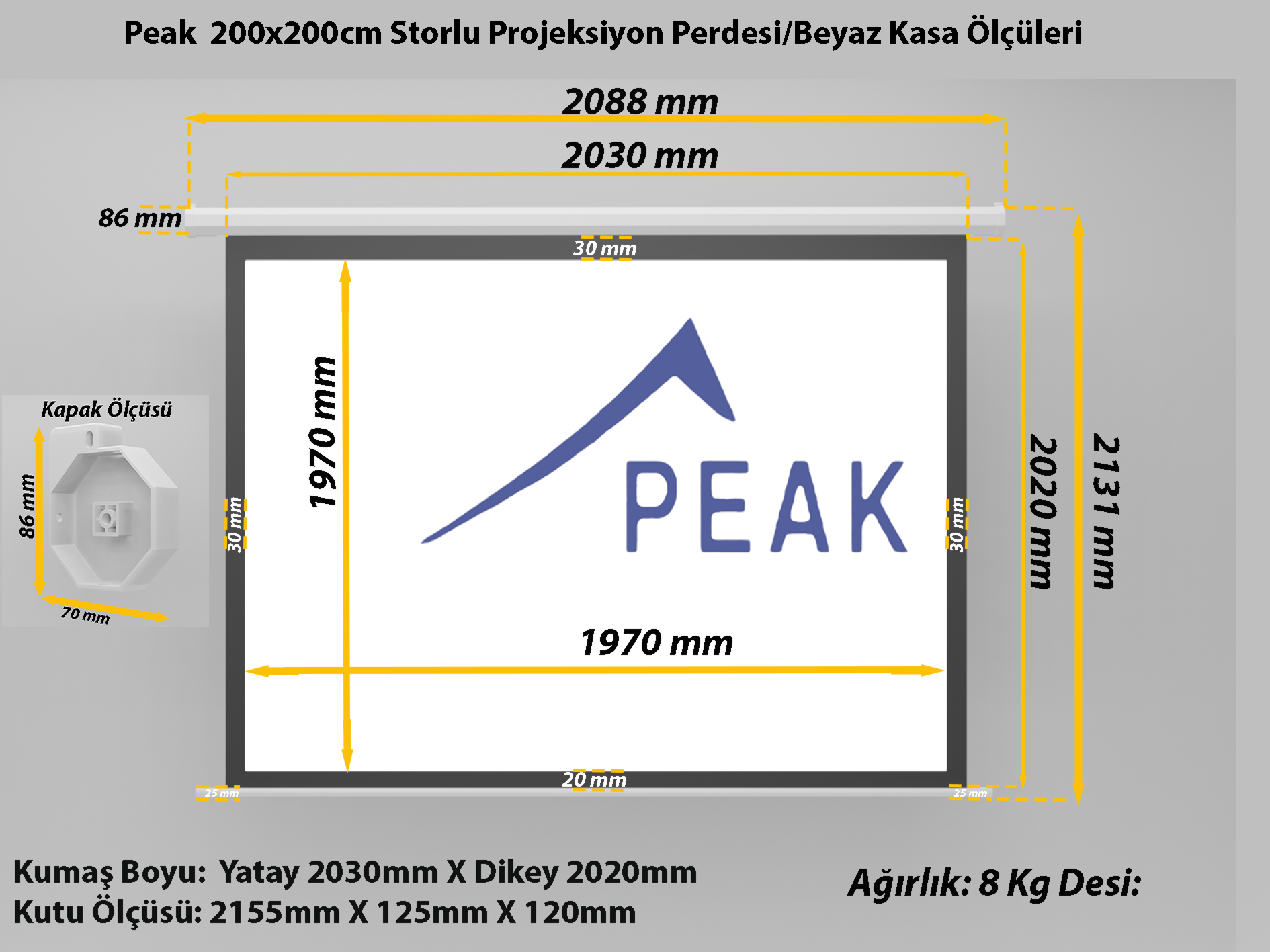 Peak S100 200×200 Cm Çerçeveli Ithal Projeksiyon Perdesi-Beyaz Kasa teknik ölçü çizimi