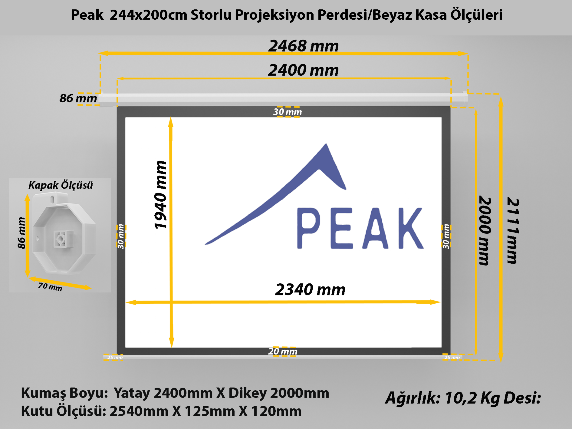 Peak S120 240×200 cm Çerçeveli İthal Projeksiyon Perdesi-Beyaz Kasa teknik ölçü çizimi