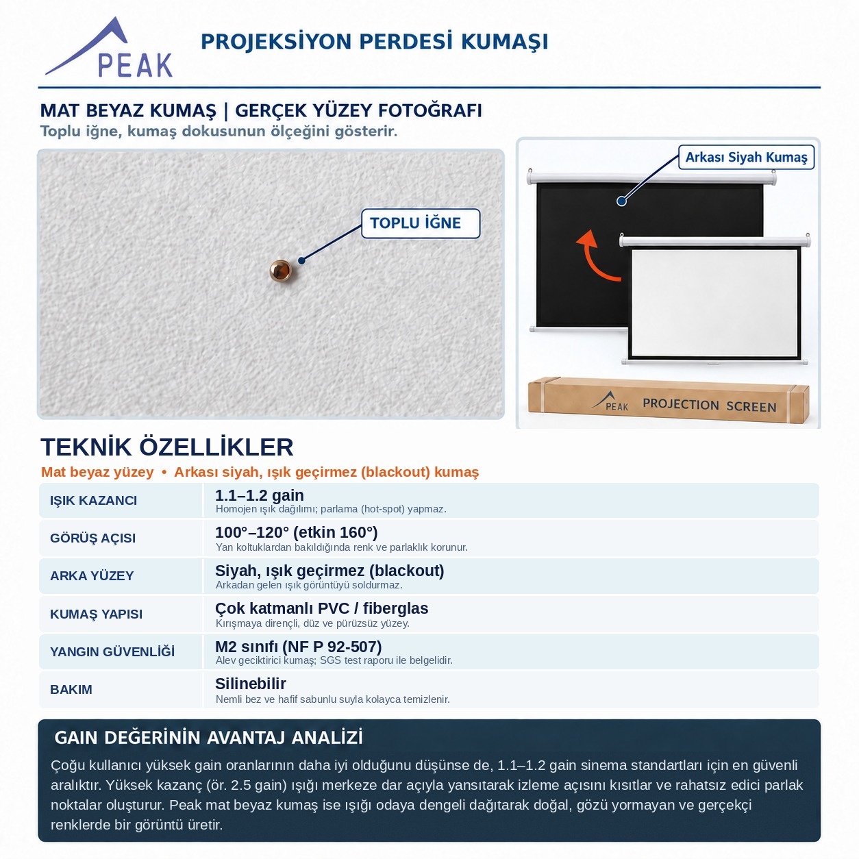Peak S70 180X180 Cm Çerçeveli Ithal Projeksiyon Perdesi-Beyaz Kasa görsel 2