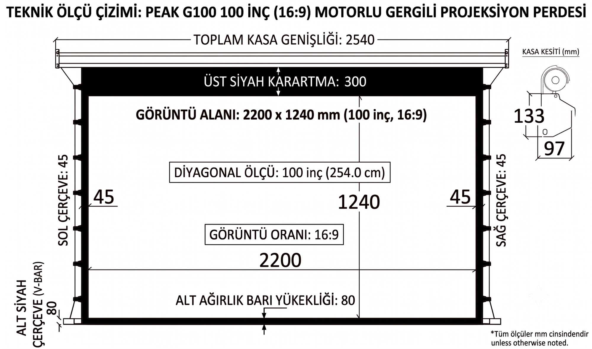 Peak G100 220×124 cm Motorlu Gergili Projeksiyon Perdesi görsel 4