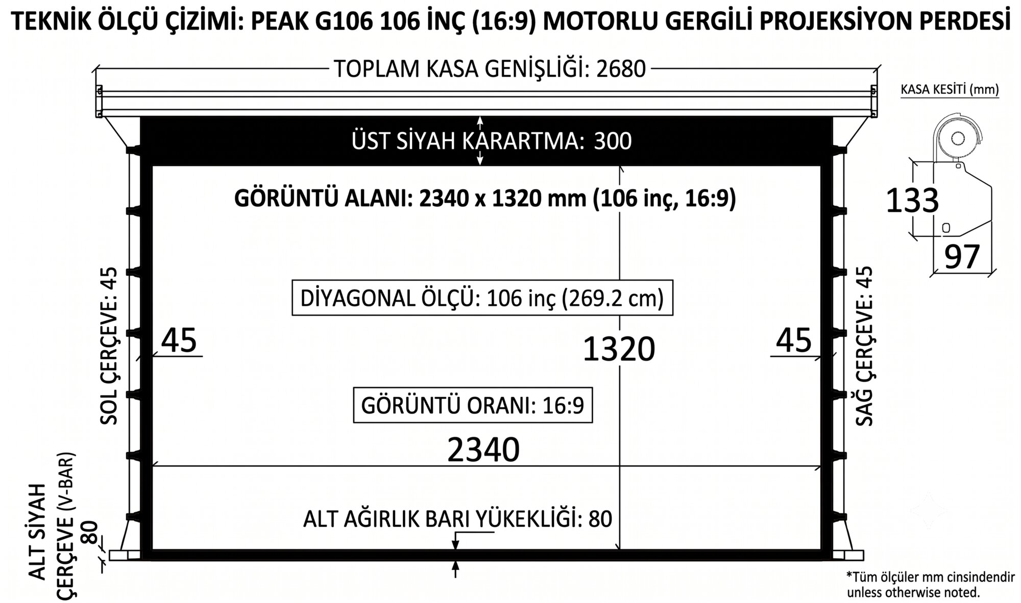 Peak G106 234×132 cm Motorlu Gergili Projeksiyon Perdesi görsel 4