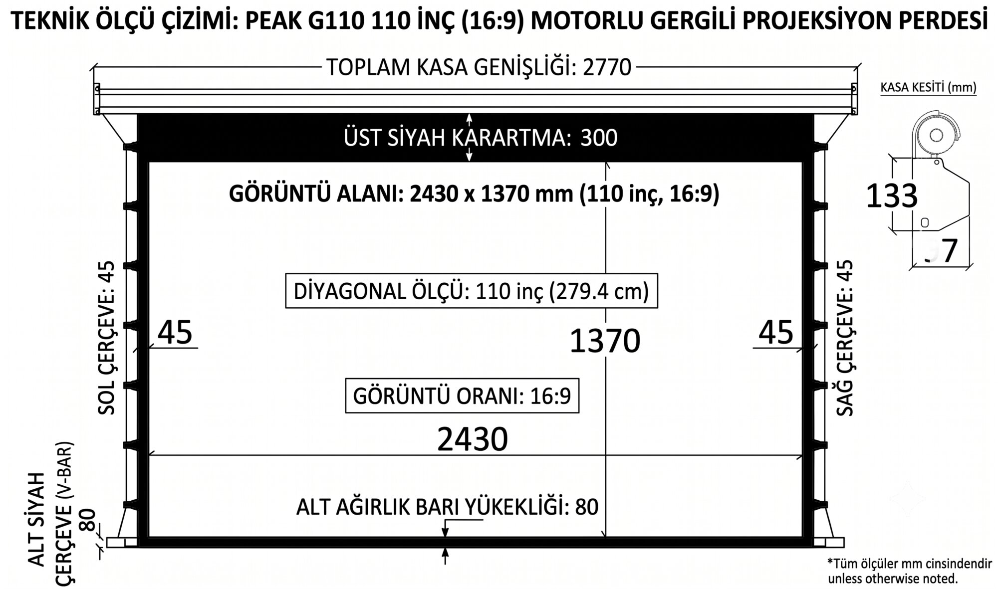Peak G110 243×137 cm Motorlu Gergili Projeksiyon Perdesi görsel 4