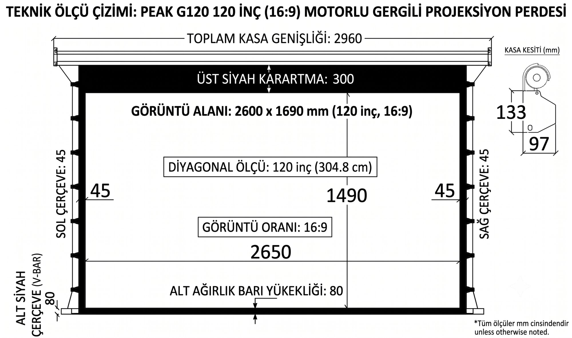Peak G120 265×150 cm Motorlu Gergili Projeksiyon Perdesi görsel 4
