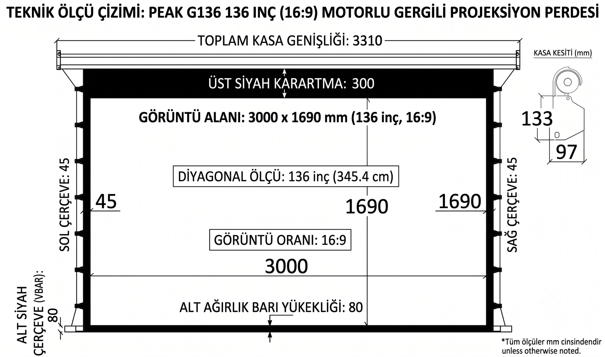 Peak G136 300×169 cm Motorlu Gergili Projeksiyon Perdesi görsel 4