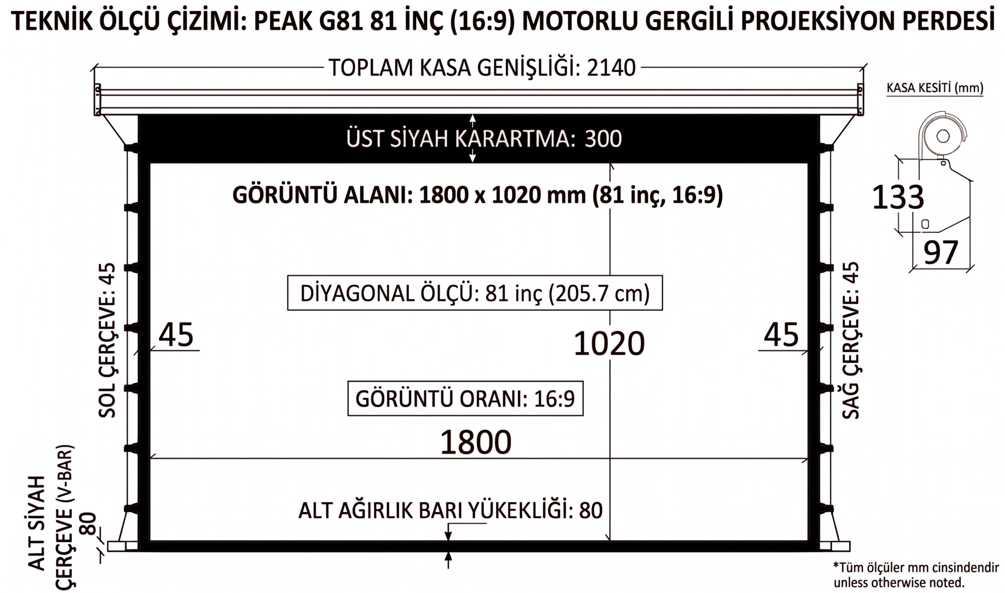 Peak G81 180×102 cm Motorlu Gergili Projeksiyon Perdesi görsel 4