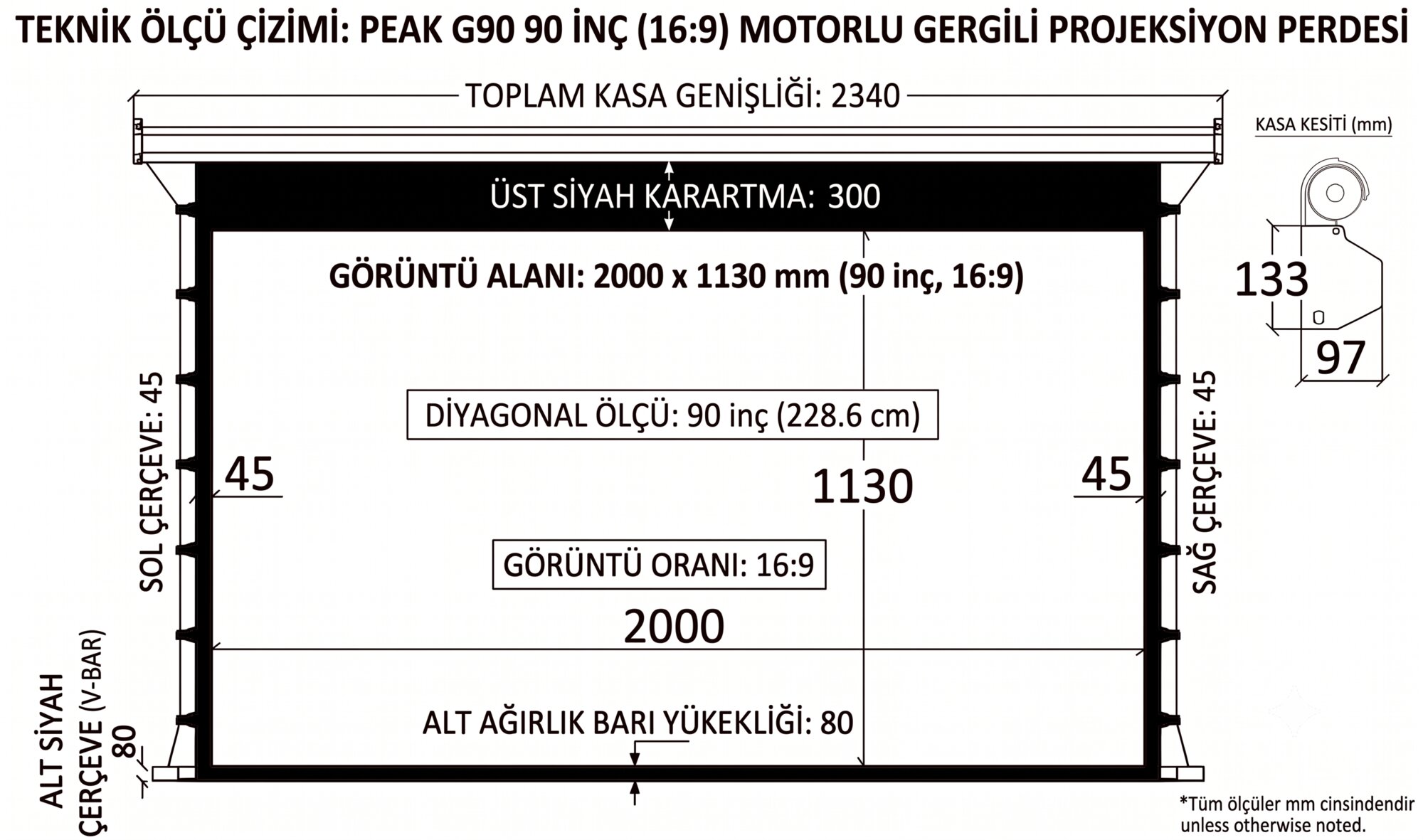 Peak G90 200×113 cm Motorlu Gergili Projeksiyon Perdesi görsel 4