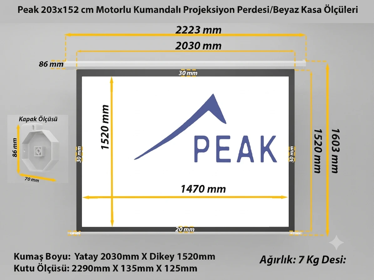 Peak M100K 200×150 cm Motorlu Kumandalı Projeksiyon Perdesi-Beyaz Kasa