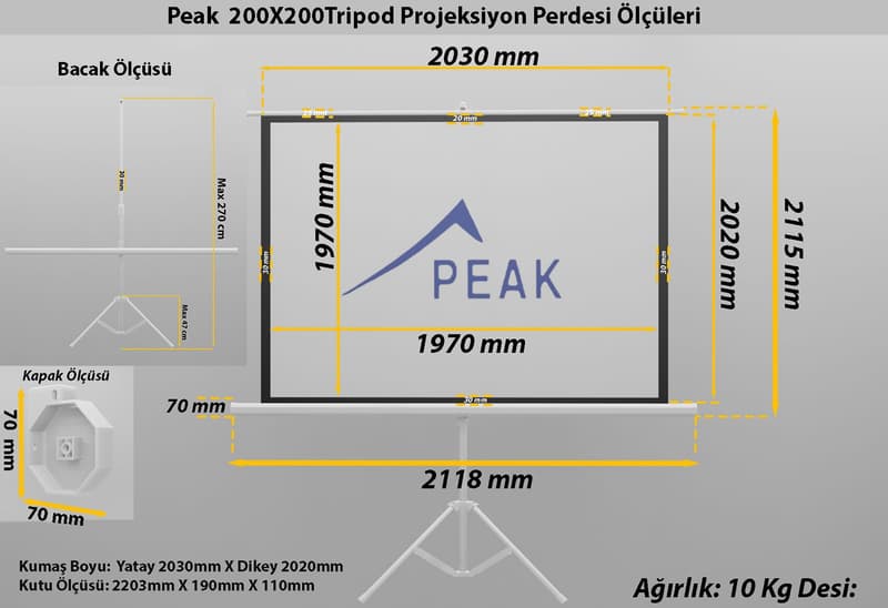 Peak T100 200×200(100inch)Tripod Projeksiyon Perdesi görsel 5