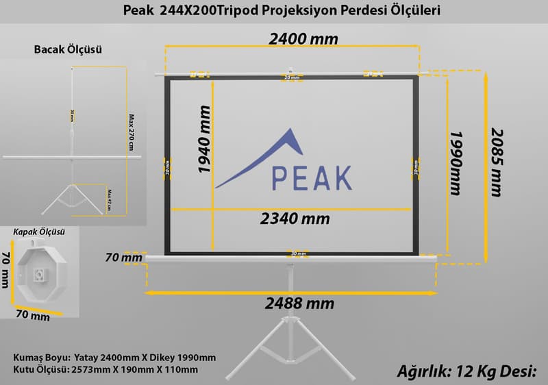 Peak T120 240×200(120inch)Tripod Projeksiyon Perdesi görsel 5